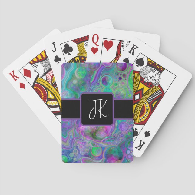 Purple, Green and Blue Fluid Art Marble Bokeh  Poker Cards (Back)