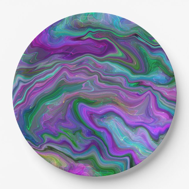 Purple, Green and Blue Fluid Art Marble   Paper Plates (Front)
