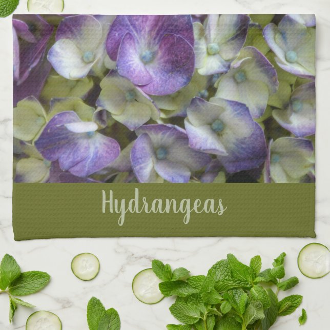 Purple Green and Cream Hydrangea Beautiful Floral Kitchen Towel (Folded)