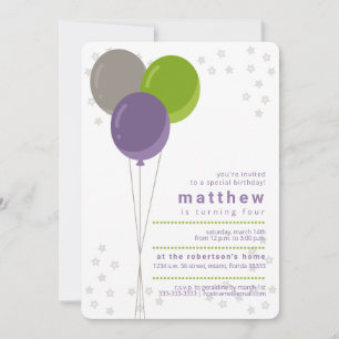 Purple Green and Gray Birthday Balloons Invitation