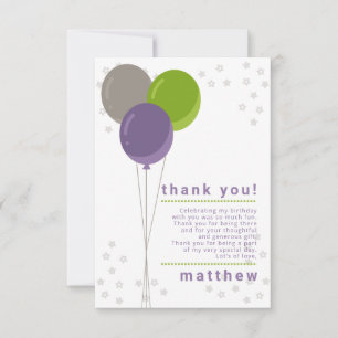 Purple Green and Gray Birthday Balloons Thank You. Invitation