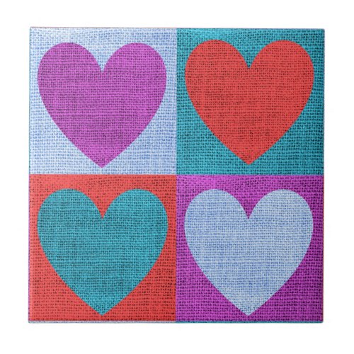 Purple Green and Red Checked Heart Pattern Ceramic Tile