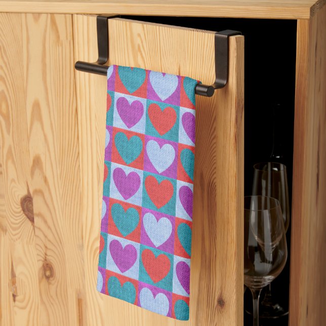 Purple Green and Red Checked Heart Pattern Kitchen Towel (Thirds Fold)