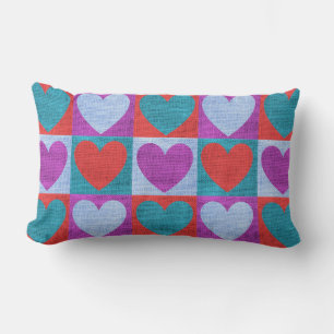 Purple Green and Red Checked Heart Pattern Lumbar Pillow