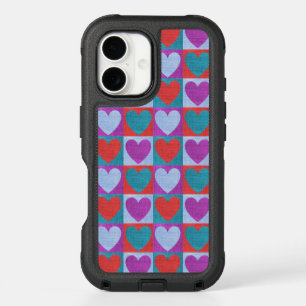 Purple Green and Red Checked Heart Pattern iPhone 16 Case