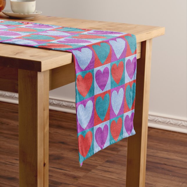 Purple Green and Red Checked Heart Pattern Short Table Runner (In Situ)