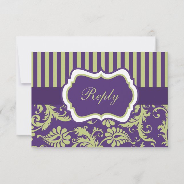 Purple, Green, and White Damask RSVP Card (Front)