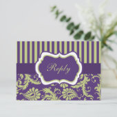 Purple, Green, and White Damask RSVP Card (Standing Front)