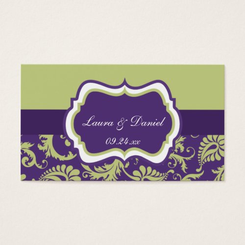 Purple, Green, and White Damask Wedding Favor Tag Business Cards