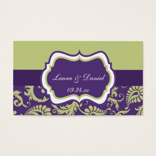 Customizable Purple, Green, and White Damask Wedding Favor Tag Business Cards