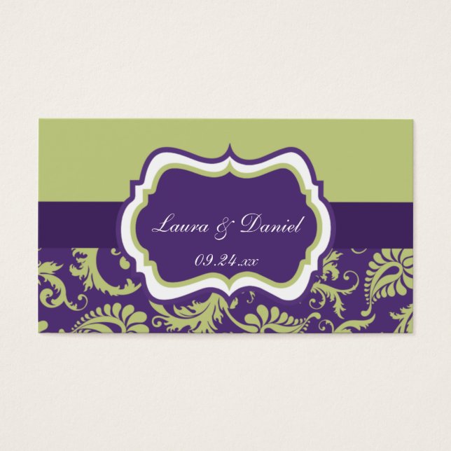 Purple, Green, and White Damask Wedding Favor Tag (Front)