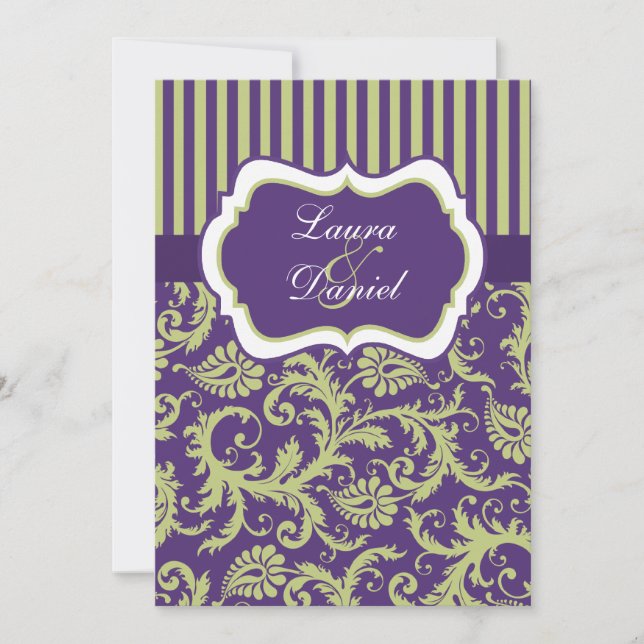 Purple, Green, and White Damask Wedding Invitation (Front)