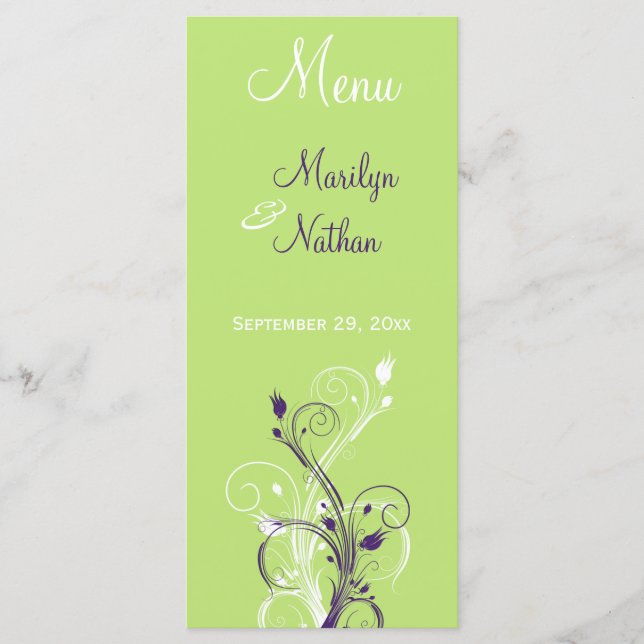 Purple, Green, and White Floral Menu Card (Front)