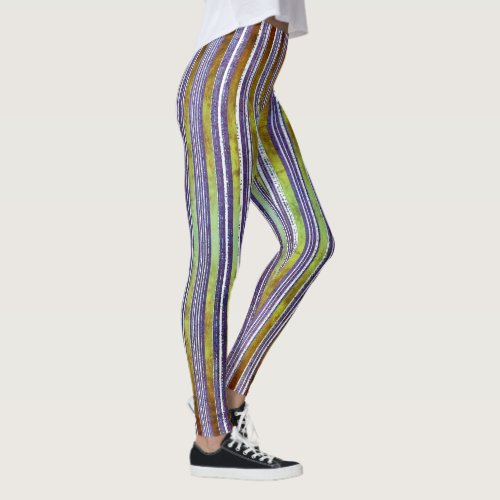 Purple Green and White Striped Pattern Leggings