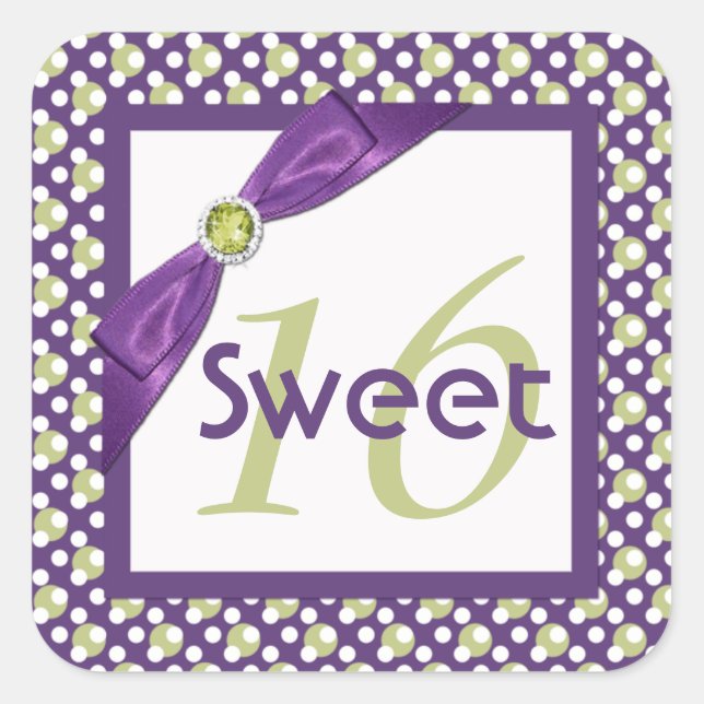 Purple, Green, and White Sweet 16 Square Sticker (Front)
