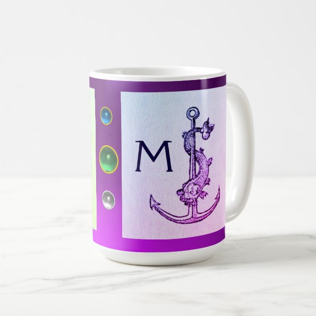 PURPLE GREEN ANTIQUE ANCHOR,FISH NAUTICAL Monogram Coffee Mug (Front Right)