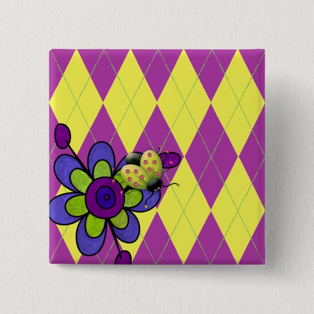 Purple & Green Argyle Ladybug & Flower Pinback Button (Front)
