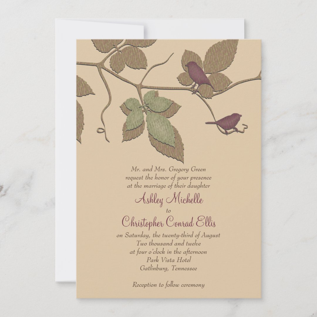 Purple Green Birds Leaves Fall Wedding Invitation | Zazzle