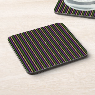 Purple, Green, Black, Faux Gold Stripes Mardi Gras Beverage Coaster