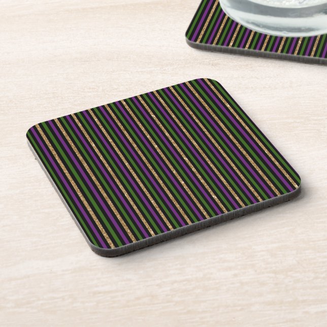 Purple, Green, Black, Faux Gold Stripes Mardi Gras Beverage Coaster (Left Side)