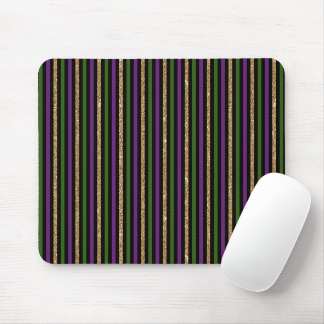 Purple, Green, Black, Faux Gold Stripes Mardi Gras Mouse Pad (With Mouse)