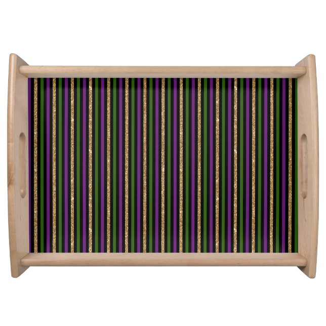 Purple, Green, Black, Faux Gold Stripes Mardi Gras Serving Tray (Front)