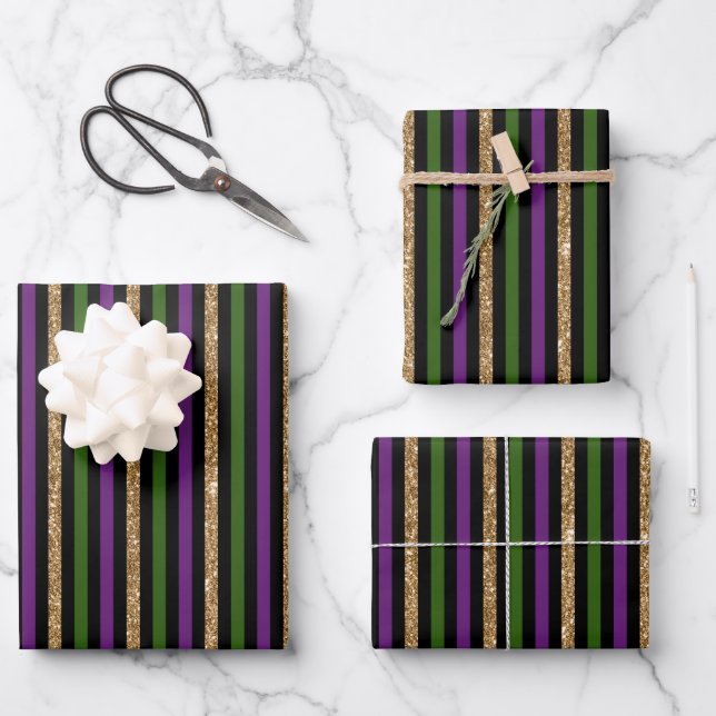 Purple, Green, Black, Faux Gold Stripes Mardi Gras Wrapping Paper Sheets (Front)