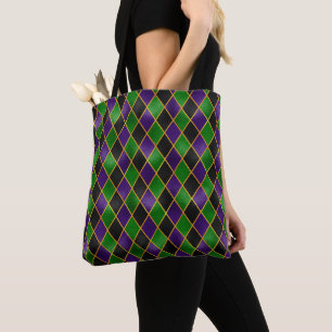 PURPLE GREEN BLACK GOLD MARDI GRAS DIAMOND PATTERN TOTE BAG