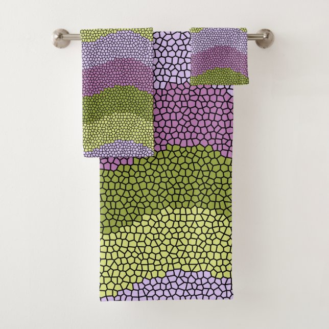 Purple, green, black stained glass bath towel set (Insitu)