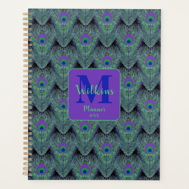 Purple Green Blue Peacock Feather Art Decor Planner (Front)