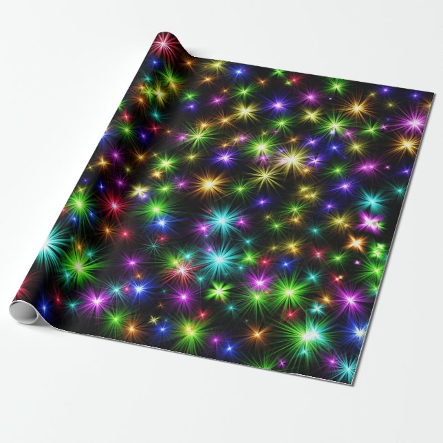 Purple, Green, Blue, Stars Christmas Wrapping Paper (Unrolled)
