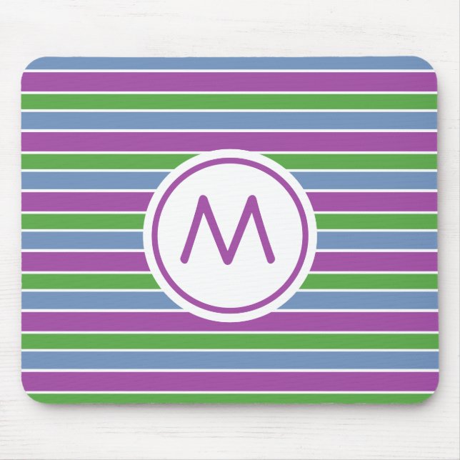 Purple Green Blue Striped Monogram Mouse Pad (Front)