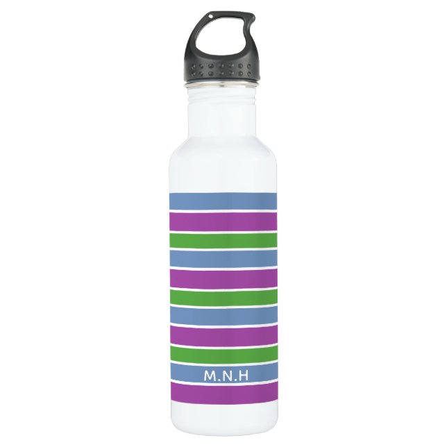 Purple Green Blue Stripes Personalised Stainless Steel Water Bottle (Front)