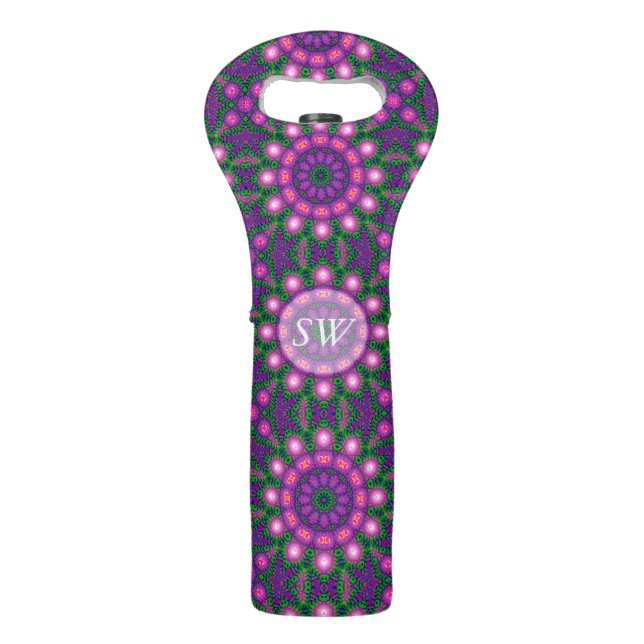 Purple Green Bohemian Pattern Monogram Wine Bag (Front)