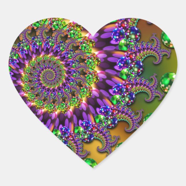 Purple & Green Bokeh Fractal Pattern Heart Sticker (Front)