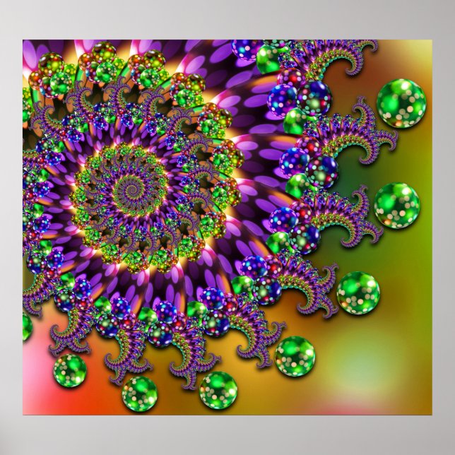 Purple & Green Bokeh Fractal Pattern Poster (Front)