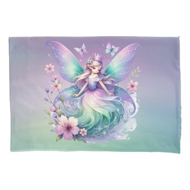 Purple Green Butterfly Fairy Princess Girls Pillow Case (Front)