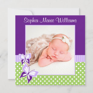 Purple Green Butterfly Photo Birth Announcement