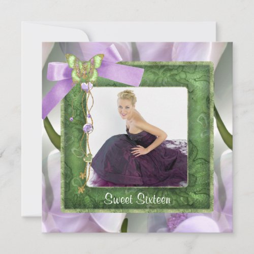 Purple Green Butterfly Photo Sweet 16 Party Invitation