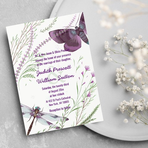 Purple Green Butterfly Watercolor Floral Wedding Invitation