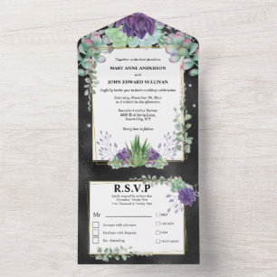 Purple green cactus eucalyptus greenery wedding all in one invitation