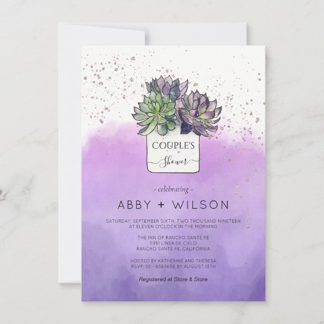 Purple Green Cactus Succulent Couple's Shower  Invitation (Front)