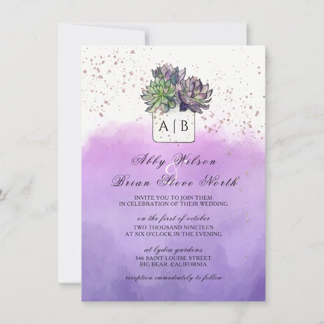 Purple Green Cactus Succulent Monogram Wedding Invitation (Front)