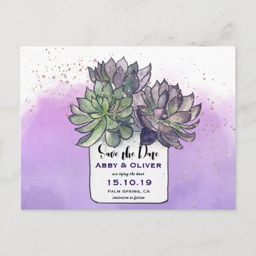 Purple Green Cactus Succulent Photo Save The Date Announcement Postcard
