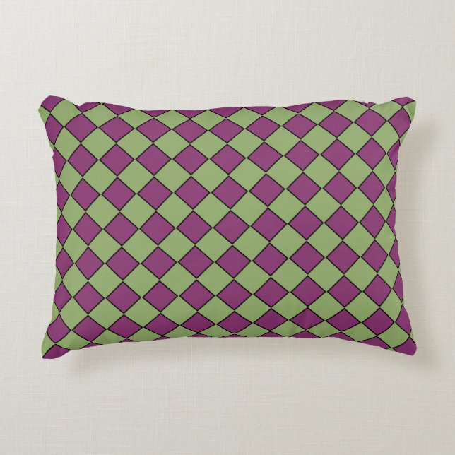 Purple Green Checker Diamond Pattern Accent Pillow (Front)