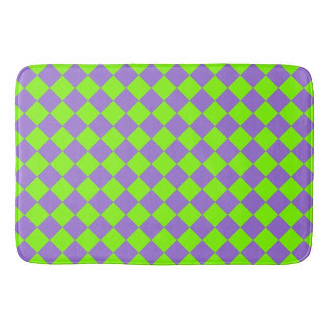 Purple Green Checker Diamond Pattern Bath Mat (Front)