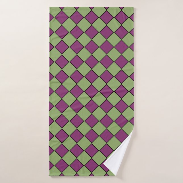 Purple Green Checker Diamond Pattern Bath Towel (Bath Towel)