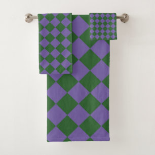 Purple Green Checker Diamond Pattern Bath Towel Set