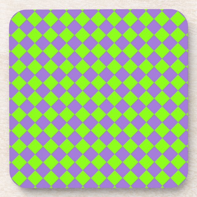Purple Green Checker Diamond Pattern Beverage Coaster (Front)