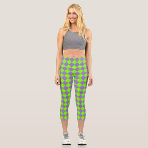 Purple Green Checker Diamond Pattern Capri Leggings